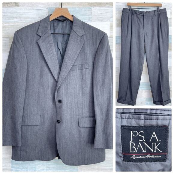 Jos A Bank Signature Wool Suit Gray Herringbone 40S Jacket 36S Pants - Picture 1 of 12